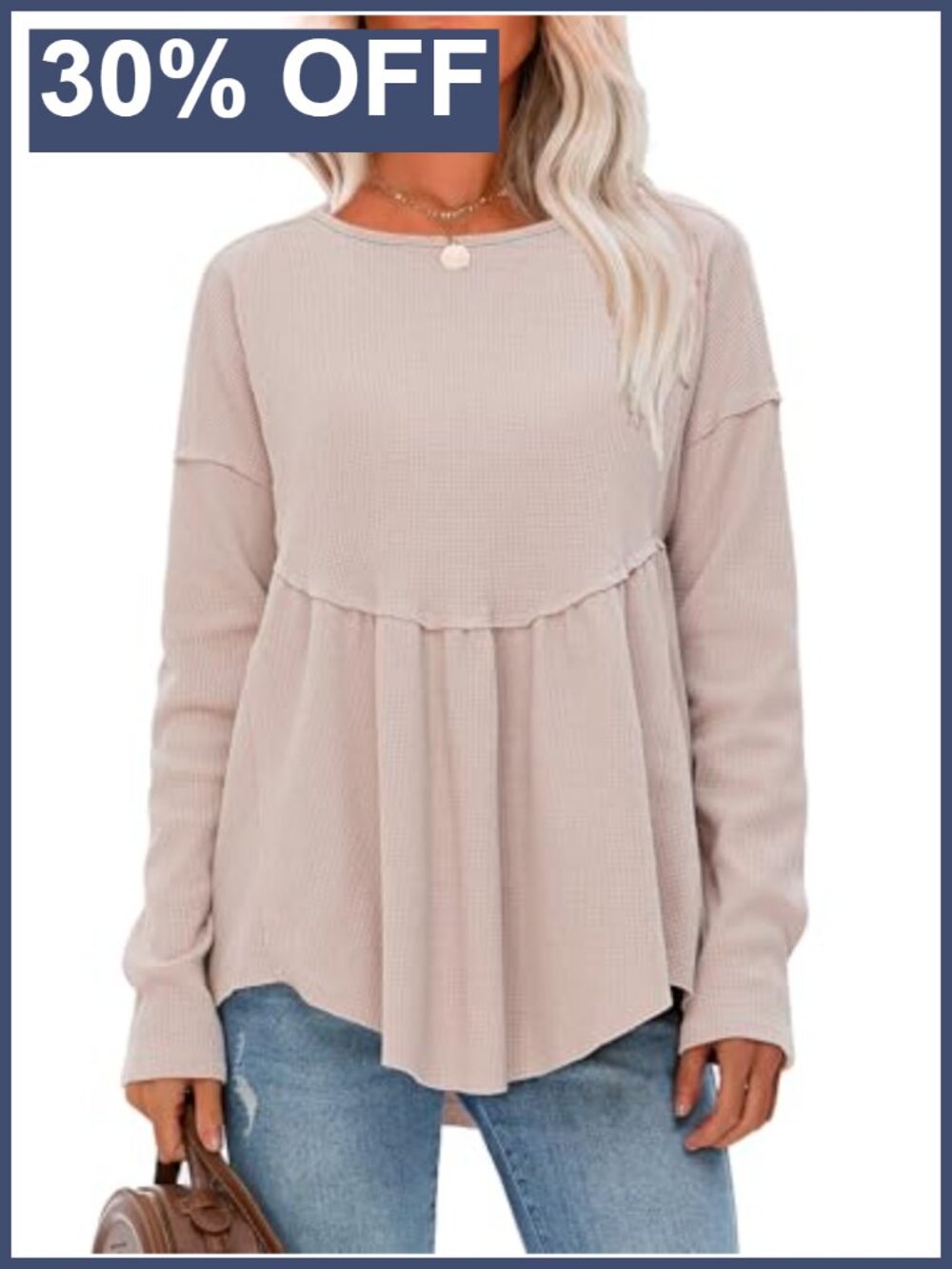 Waffle Knit Long Sleeve Tunic Top Crewneck Loose Babydoll Maternity